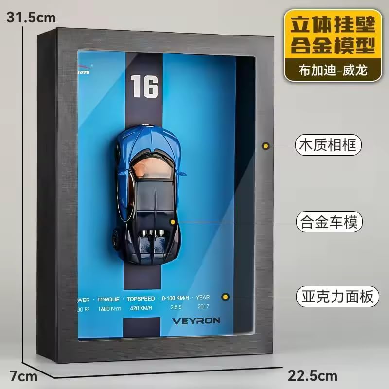 Image of Worshiper 3D Car Frame Wall Art Wooden Hanging Painting Frame with Removable Die-Cast Cars, Lights & Sounds Pull-Back Action & Opening Doors Collectible Display for Car Decoration (1:32 Bugatti Veyron)