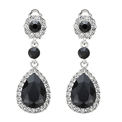 Gorgeous Austrian Cut Crystal Rhinestone Ear Clip on Earring Wedding Bridal Teardrop Drop Dangle Earrings (Clip on Black)