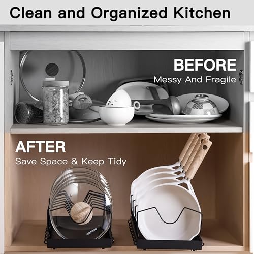 Image of Livzing Pan & Pot Organizer Rack for Cabinet - Stainless Steel Adjustable Sliding Kitchen Rack for Frying Pan, Plate, Lids - Under Cabinet Storage for Modular Kitchen - Expandable Cookware Organizer