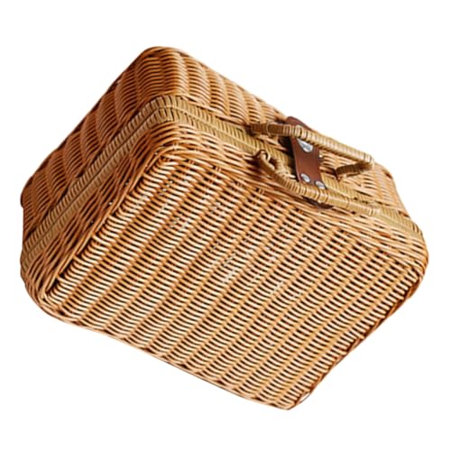ibasenice Maleta Retro de Ratán Sintético 35x24x12 Cm, Caja Organizadora Asa Portátil, Contenedor para Guardar Ropa y Cosméticos, Cesta Versátil para Picnic y Decoración del Hogar