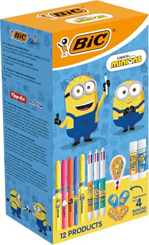 BIC Minions Kit de Papeterie Édition Limitée - 4 Couleurs Stylos-Bille Pointe Moyenne (1,0 mm)/Surligneurs Pointe Biseautée/Souris Correctrice 6 m/Bâtons...