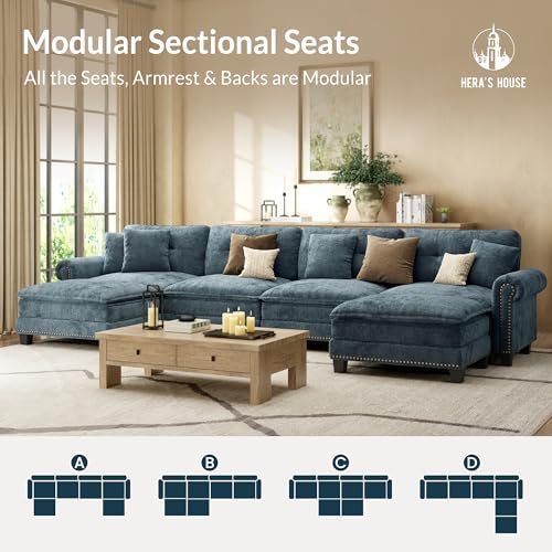 Image of HERA'S HOUSE 150 inch Oversized U Shaped Modular Sectional Couch Living Room | Mid-Century Modern 6-Seater Cloud Sofa, Cyan, Rolled Arms & Nailhead Trim, Wider & Deeper Seats, Ottoman, Chenille