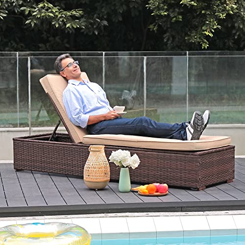 Patiorama Outdoor Patio Lounge Chair, Elegant Reclining Adjustable Pool Rattan Chaise Chair with Beige Cushion, Brown PE Wicker, Steel Frame, Set of 2 - Thumbnail 3