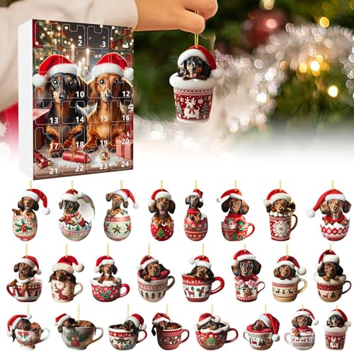 Dackel Adventskalender 2025, 24 Tage Acryl Hunde Anhänger Weihnachtskalender 2025 Kinder, Niedlicher Hund Adventskalender, Cartoon Dackel Deko Weihnachten Countdown Kalender Für Hundeliebhaber
