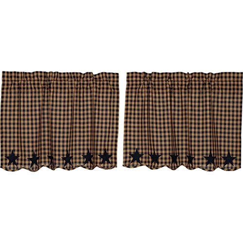 VHC Brands Star Cotton Primitive Kitchen Curtains Rod Pocket Appliqued 24×36 Tier Pair Navy Blue