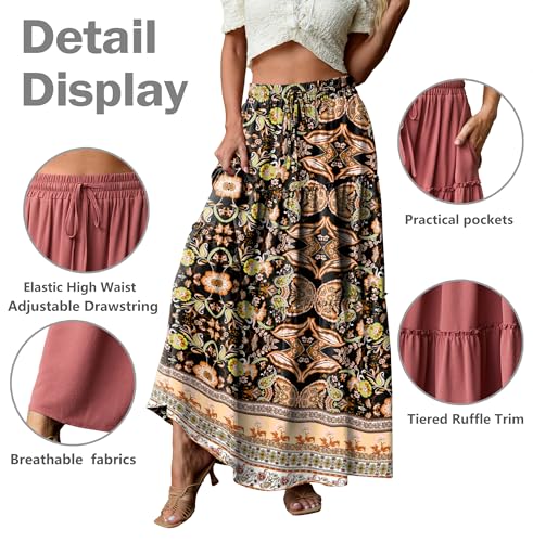 Image of Lepunuo Womens Casual Boho High Waisted Flowy Maxi Skirts Tiered Floral Long Skirts with Pockets for Summer Beach Vacation