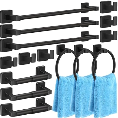 Gisafai 15 Pcs Matte Black Bathroom Hardware Set, Towel Bar Set Stainless Steel Wall Mounted, 23.6/16 in Hand Towel Bar, Towel Ring, Robe Towel Hooks, Toilet Paper Holder, Bathroom Towel Rack (16") Cover