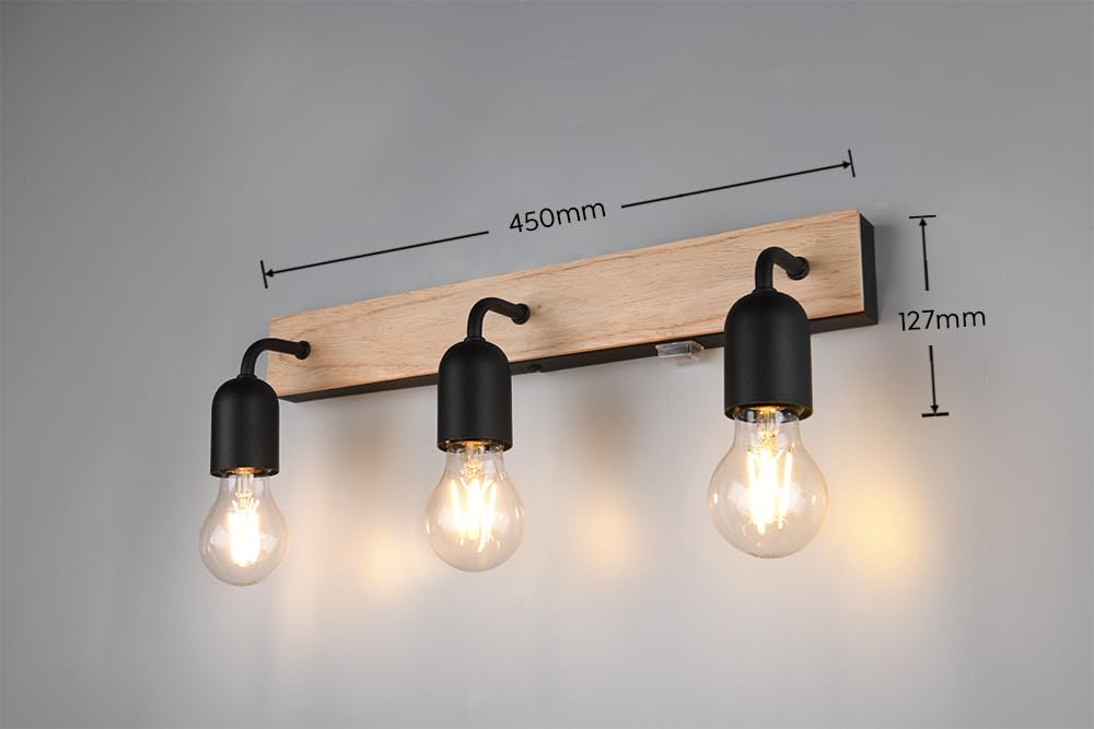Trio Leuchten Aplique de baño ARTURO 284470332, metal negro mate, madera natural, excl. 3x E27
