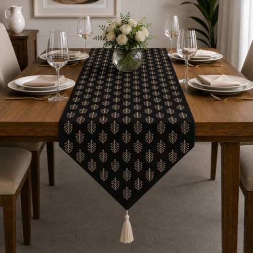Image of STITCHNEST 'Nomad Weave Collection' Jacquard Table Runner 13x60 Inches| Tassel Finish | Modern Dining Table Decor