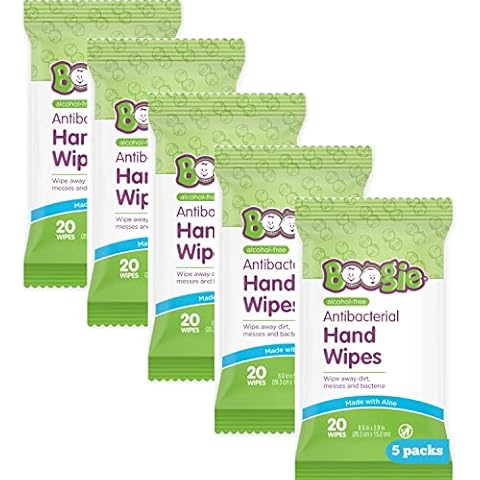 Antibacterial Hand Wipes by Boogie, Alcohol Free, Hypoallergenic and Moisturizing Aloe, Hand Wipes for Kids and Adults, 5 Packs of 20 (100 Total Wipes) Cover