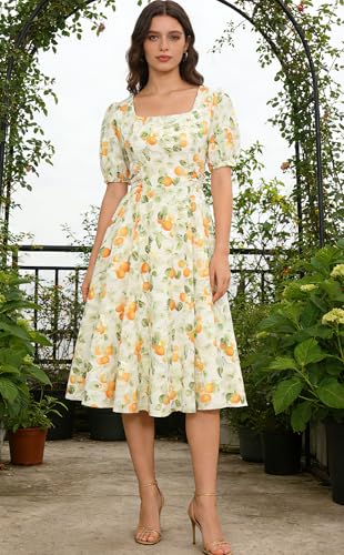 Image of Belle Poque Women's Vintage Midi Cottagecore Cocktail Dresses | Belle Poque Women's Vintage Cottage Core Dress,A-line,Midi,Square Neck,Homecoming Dress,Cocktail Dress,Sun Dress
