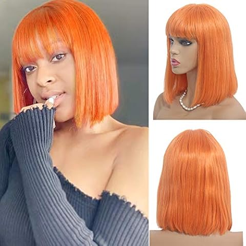 Ubetta Lace Bob Wigs with Bangs Orange Brazilian Virgin Human Hair Glueless Hand Tied Breathable 13x4 Lace Wig 180% Full Density Bleached Knots 10" Silk Straight Remy Bob Style for Women Cover
