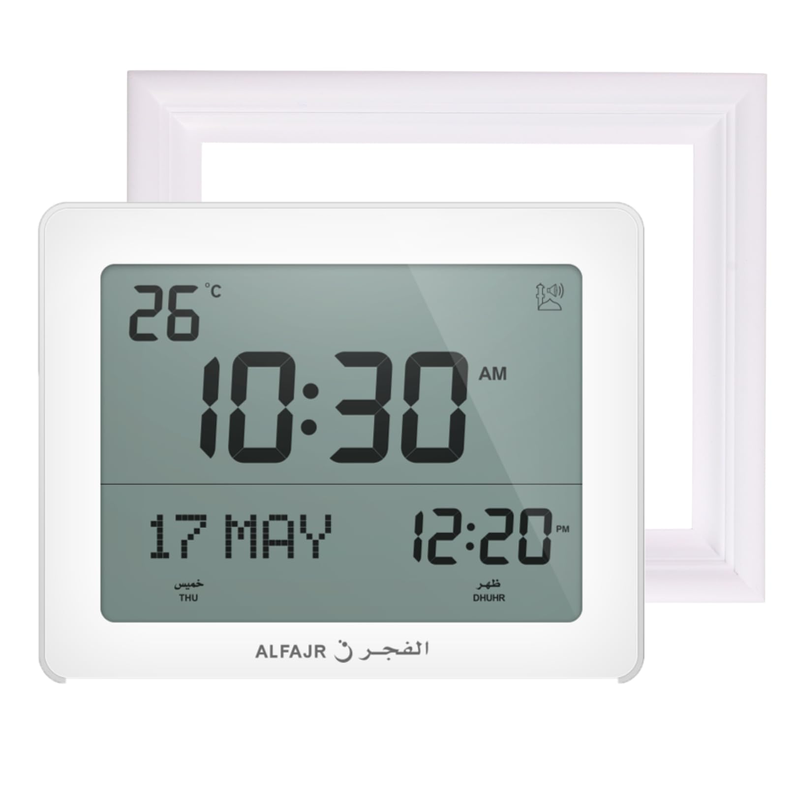 ALFAJR Automatic Worldwide Digital Azan/Athan/Nimaz Prayer Wall and Desk White Clock CF-19 with Detachable Frame (White)