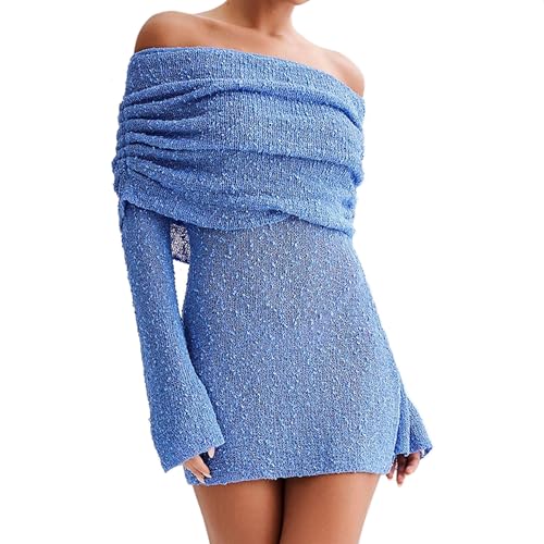 Womens Elegant Off The Shoulder Knit Sweater Dress Sheer Flare Long Sleeve Cute Mini Dress