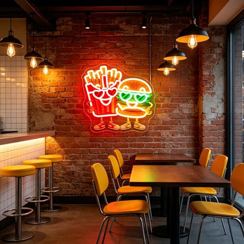 Image of Neon Sign, Hamburger French Fries Neon Signs for Wall Decor - LED Signs for Business, Restaurant, Kitchen, Party - USB Powered Light Up Sign Decorations