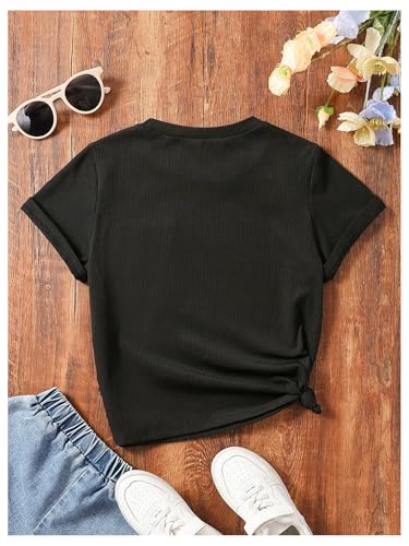 OYOANGLE Girl's Ribbed Knit T Shirt Crew Neck Short Sleeve Solid Casual Tee Tops with Pocket2