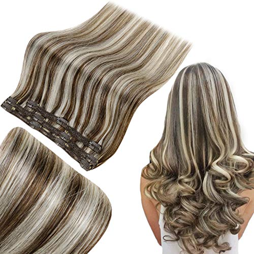 Clip In Human Hair Extensions Remy Hair Color 3 Brown Highlights With 60 Platinum Blonde 18 Inch 50g 3 Pieces Clip on Extensions Real Hair