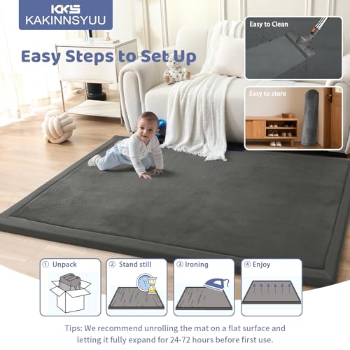 Image of 2-Inch Extra Large Memory Foam Play Mat | 59 inchx79 inch Large Baby Play Mat for Tummy Time & Crawling | Memory Foam with Non-Slip Base | Ultra Soft Flannel Cover | for Infants & Toddlers, Dark Gray