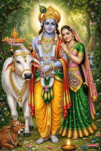 Image of Rangoli Radha Krishna Self Adhesive Poster 12x18 Inch | Hindu God Wall Sticker Poster with Cow & Calf for Home Temple Pooja Room Living Room Bedroom Decor | Spiritual Devotional Wall Art