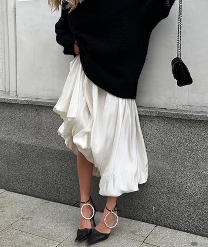 SOMTHRON Women's Bubble Satin Maxi Skirt Low Waist Ruffle Pleated A Line Puffy Summer Flowy Balloon Skirt3