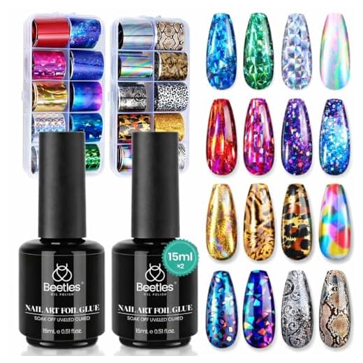 beetles Gel Polish Kit De Nail Foil Art Beetles, 20 Folhas Transferência Com 30Ml Cola Em Para Unhas - Adesivos Leopardo Holográficos Metal, Conjunto Esmaltes Géis, Lâmpada Led Necessária, Soak Off