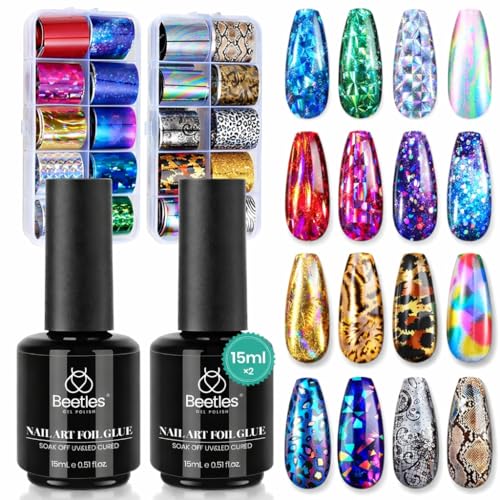 Beetles Nail Foil Art Kit, 20 Pcs Nail Foils Transfer with 30ml Nail Foil Glue Gel for Nails - Metal Holographic Leopard Stickers Gels Nail Polish Set LED Lamp Required Soak Off Manicure Nails Art DIY