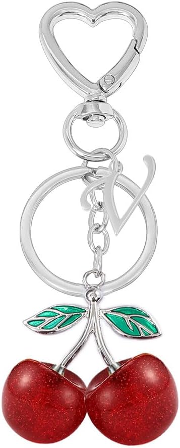 Heart-Shaped Keychain with Initial A-Z and Cherry Charm Bag Charms for Women,Car Accessories