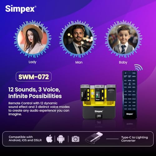 Image of Simpex (Mic-072 Wireless Microphone System with Remote & Noise Cancellation, 12 Sound Effects, 3 Voice Modes, 50m Range, Use with iPhone /Android & DSLR Camera for Vlogs, Interview & Podcasts