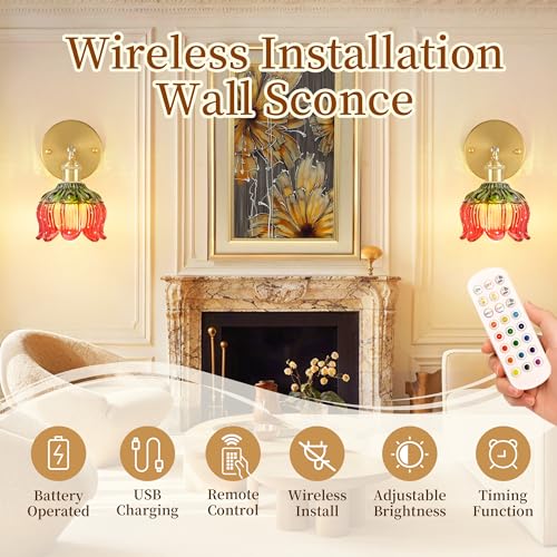 Image of Wireless Wall Sconce with Flower lampshade, Battery Operated Wall Lights,Wall lamp with 15 Colors for Bedroom Living Room Home Decor (Red, 2 Light Battery Operated)