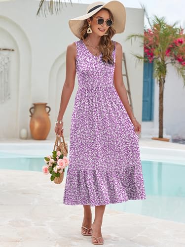 Image of AUSELILY Womens Summer Maxi Dress Casual Sleeveless V Neck Floral Dresses | A line shape with practical side pockets, Vacation dress for resort walks, Pair with low heels and simple jewelry