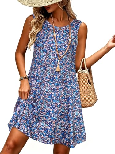 Image of elescat Women's Summer Dresses 2026 Beach Casual Sleeveless Floral Print Tank Loose Sundress with Pocket