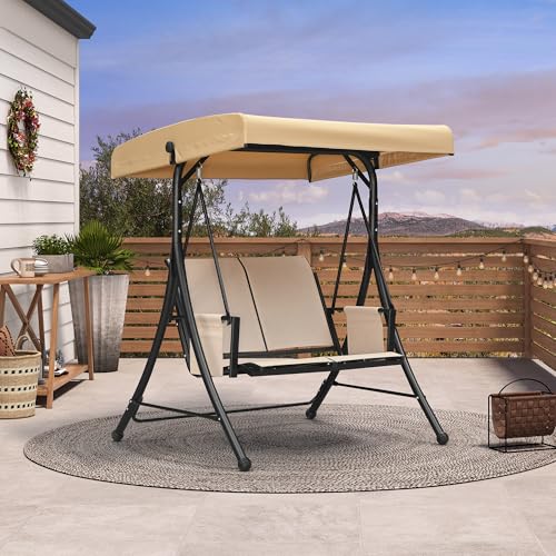 Image of PURPLE LEAF Porch Swing with Adjustable Tilt Canopy 2-Seat Patio Swing with Stand and Metal Steel Frame All-Weather Outdoor Swing Chair Seat Space-Saving for Backyard Garden Deck (Cream)