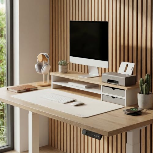 Image of Fenge Monitor Stand, Dual Monitor Riser, 42.5inch Large Desk Computer Monitor Stand Riser with Drawer, 2 Tier Wood & Acrylic Desktop Organizer for Computer, Laptop, Printer, TV Screen Riser
