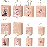 YILEEY 12 Pezzi Sacchetti Regalo Natale Carta Kraft, 12 Modelli Sacchetti Carta con Manici, Buste Regalo Natale Multipack per Bomboniere Feste di Natale, Stili Assortiti Forniture (Piccoli & Grandi)