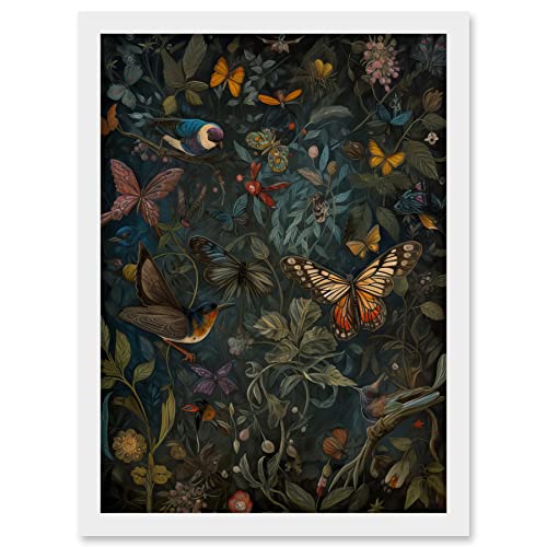 Artery8 William Morris Style Plants Birds and Butterflies Artwork Framed A3 Wall Art Print, Framed White A3, 45.5L x 33W cm