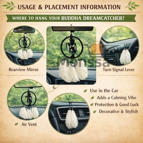 Image of M H VILLA Krishna Dream Catcher for Rearview Charm, Spiritual Car Decoration Items Interior Accent, Elegant Car Hanging Accessories Interior for Positive Vibes, Stylish Car Mirror Hanging Gift - WHITE
