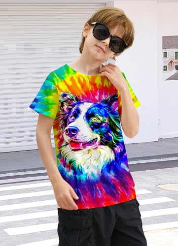Image of Dog Shirt Kids Size 10-12 Years Boys Blue T Shirts Children's Hippie Tshirts Short Sleeve Round Neck 9 Years Fashion Tees