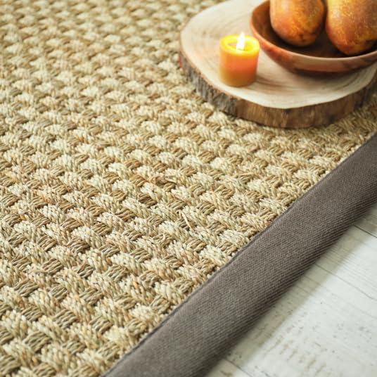 Decoweb Tapis Jonc de mer Chennai - Natté 4x4 - Ganse Lin Marron Taupe - 140 x 200 cm