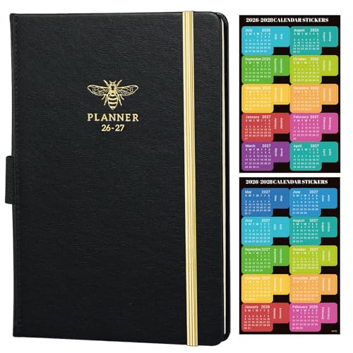 2026-2027 Planner - Planner 2026-2027 Weekly and Monthly with Calendar Stickers, JUL 2026 - JUN 2027, 5.75" x 8.25", Saffiano Leather, Pen Loop, Back Pocket - Black Bee