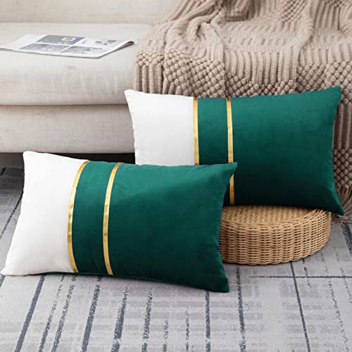 Zlina Set Of 2 Velvet Decorative Lumbar Pillow Covers Dark Green White Patchwork With Gold Leather Pillow Covers 12 × 20 Inch Cushion Covers Decor Living Room Sofa Bedroom Car thumb #3
