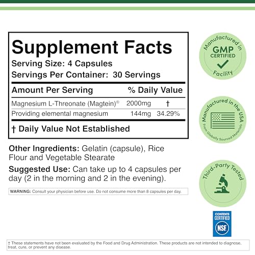 Magnesium L Threonate Capsules – High Absorption Generic Supplement – Most Bioavailable Form – 2,000 mg – 100 Capsules - Image 3
