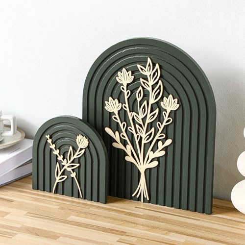 Image of Cinnvoice Set of 2 Wood Rainbow Arches Boho Decor Boho Rainbow Arch Rustic Farmhouse Art for Shelves Farmhouse Wall Decor Floral Mid Century Home Wall Art for Living Room Kitchen Bedroom(Green,Gold)