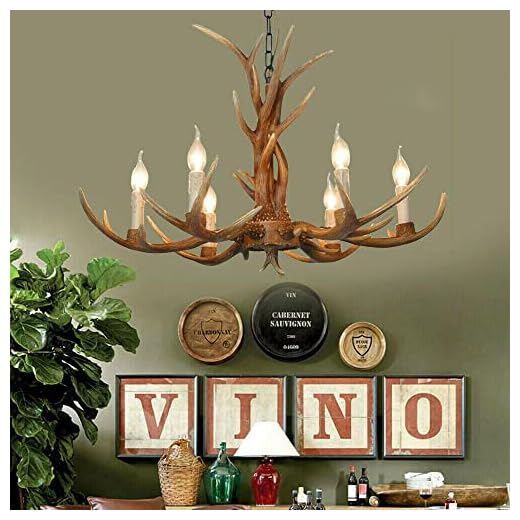 6 lampor Hjorthorn ljuskrona 76x53 cm Vintage hornlampa med harts taklampa med 6 spiralformade lamphållare av E14 ljuskrona lampa pendellampa för vardagsrum, bar, restaurang, sovrum, husbelysning