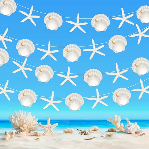 Image of Starfish Sea Shell Banners 4PCS Coastal Beach Party Decorations Nautical Shells Cutout Banners Ocean Starfish Decorations for Under the Sea Summer Baby Shower Party Supplies
