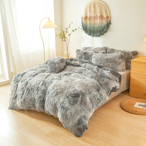 Plush Fluffy Tie Dye Dark Gray Comforter Cover Queen Set – Faux Fur Plush Tie Dye Dark Gray Bedding 3-Piece Set (1 Duvet Cover + 2 Furry Pillow Shams) Cozy Bed Set