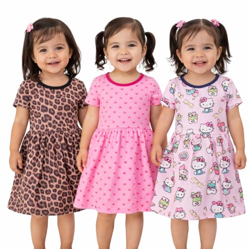 Image of Kids 3 Combo Cotton Frock for Girls | Multicolour Knitted Summer Dress | Below Knee Baby Girl Dress with Round Neck & Cup Sleeves (Random Colours)