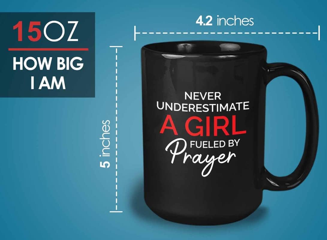 Bubble Hugs Never Underestimate Coffee Mug 15oz Black - Girl Fueled by Prayer - Man Religious Women Coworker Student Cycling Christian Granfather Music Lover Atheletes Medical Healthcare
