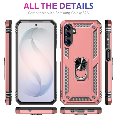 Image of for Samsung Galaxy S26 Case with Screen Protector, Heavy Duty Military Grade Shockproof Rugged Protective Cover for Samsung S26 Phone Case with Metal Ring Magnetic Kickstand (Pink)