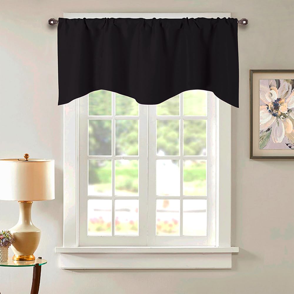 Black Valances for Windows, Scalloped Window Valances for Bathroom, Living Room, Short Valance Curtains,52x18 Inch