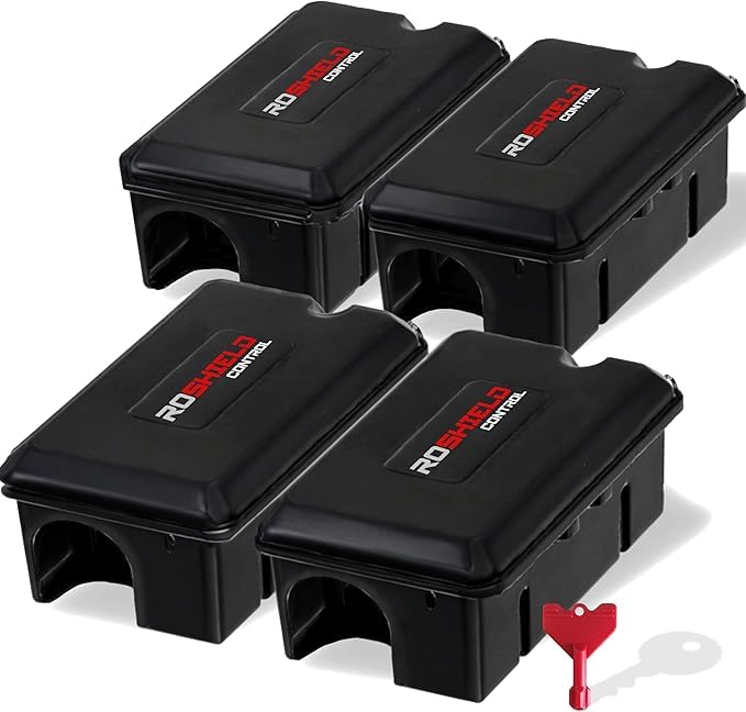 Roshield Compact Rodent Bait Stations for Rats & Mice Tamper-Resistant Reusable Durable Weatherproof & Safe for Indoor & Outdoor Use Secure Lock & Metal Rod for Pest Management (4 Pack Empty)